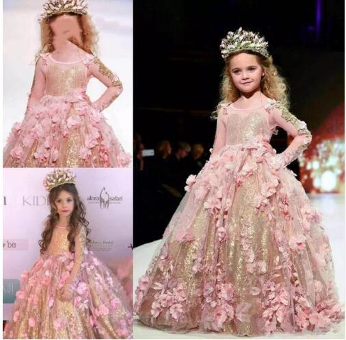 Stunning 3D Pink Flora Sequined Flowers Girl Pageant Dresses Sheer Long Sleeve Ball Gown Kids Toddler Formal Party Prom Dress