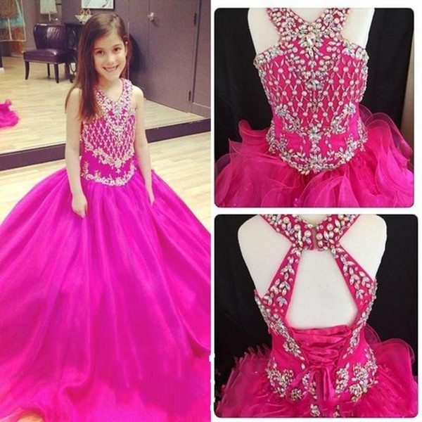 Cute Fuchsia Ball Gown Girls Pageant Dresses Rhinestones Beaded Top Corset Lace-up Backless Ruched Girls Formal Gowns Prom Dress