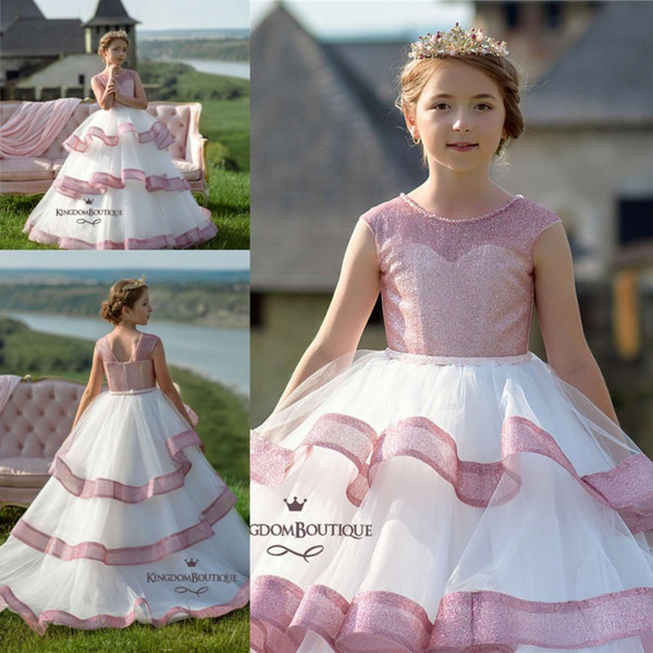 Beautiful Pink White Ruffles Tiered Skirts Long Girls Pageant Dresses Crew Neck Sequins Tulle Long Kids Formal Celebrity Dress Flower Girl