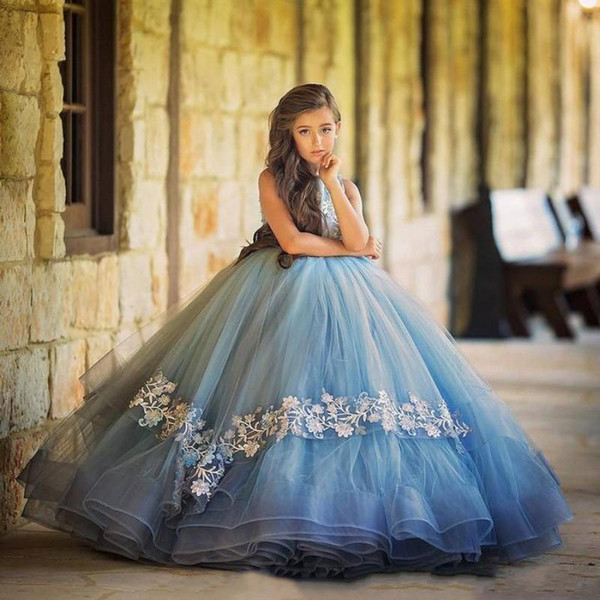 Puffy Ball Gown Girls Pageant Dresses Crew Neck Lace Applique Light Sky Blue Long Flower Girl Dresses For Formal Party Wears