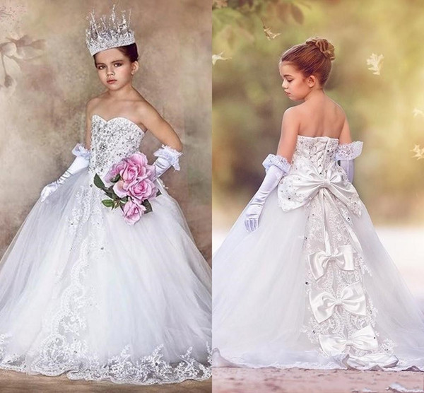 Beaded Girl's Pageant Dresses Princess A Line Sweetheart Appliques Bow Back Floor Length Tulle Girls Formal Gowns BA3921