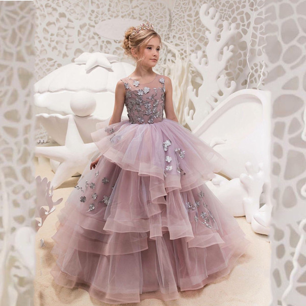 Chic Layers Ruffles Girls Pageant Dresses Sheer Neck Appliques Ball Gown Flower Girl Dress Pageant Dress Custom Make