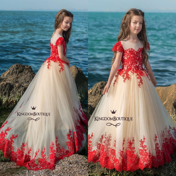 Lovely Champagne with Red Appliques Formal Girls Pageant Dresses Summer Beach Flower Girls Dress New Sheer Beck Cap Sleeves Kids Formal