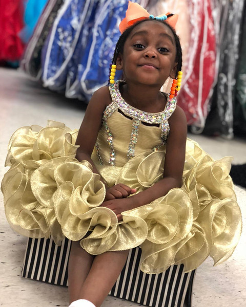 South African Girls Formal Pageant Dress Celebrity Wears Rhinestones Sequined Jewel Neck Organza Ruffles Kids Pageant Dress