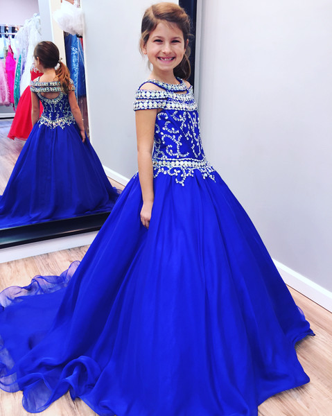 Royal Blue Girls Pageant Dresses Crystals Beaded Cap Sleeves Backless Princess Ball Gown Kids Formal Wears Flower Girl Dress