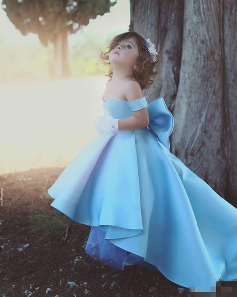 .Cheap Baby New Fashion Lovely Girl's Pageant Dresses Hi-lo Off Shoulder Bow Knot Party Dresses Birthday Dress Flower Girls Dress