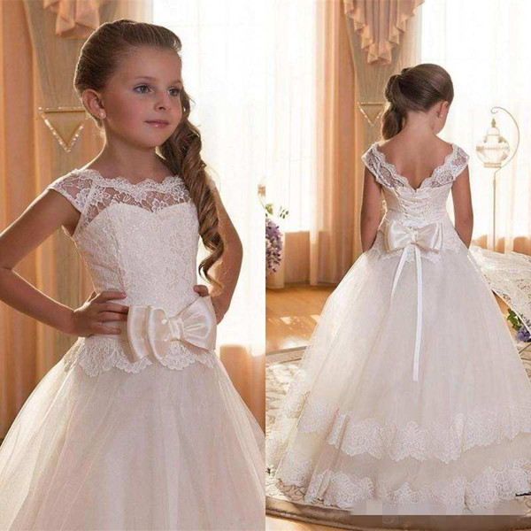 Pink Flower Girls Dresses Sheer Jewel Neck Sleeveless Lace Appliques Tulle Girl Pageant Gowns Birthday Dresses With Big Bow