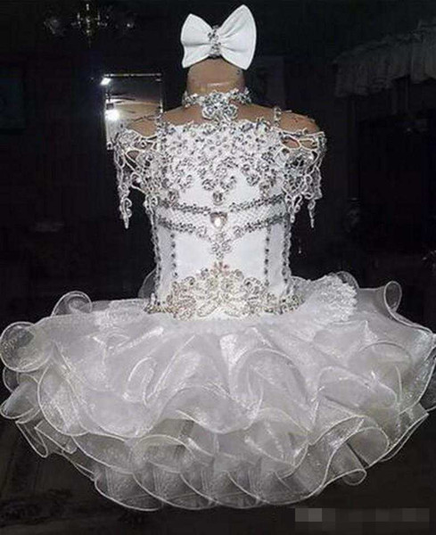 New White Beaded Rhinestones Organza Ball Gown Girls Pageant Dress Toddler Little Girls Cupcake Puffy Dresses Formal Wear Gowns