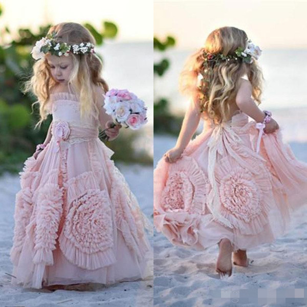 Cheap Pink Flower Girl Dresses Spaghetti Ruffles Hand made Flowers Lace Tutu Vintage Little Baby Gowns for Communion Boho Wedding