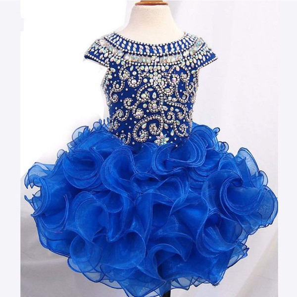 Real Image Royal Blue Sprkly Beaded Crystal Girls Pageant Gown Ruffles Organza Shory Mini Flower Girls Dresses Custom Made