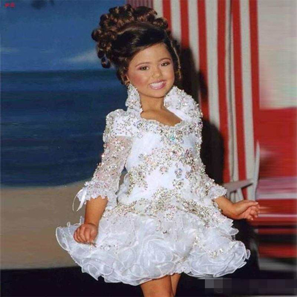 Glitz Pageant Dresses For Girls Little Girl Gowns 3/4 Sleeve Beads Crystal Rhinestone Ruffles cupcake pageant dress