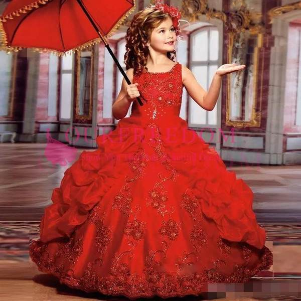 New Sparkly Girls Pageant Dresses for Teens Red Ball Gown Beaded Sequined Lace Appliques Long Kids Party Formal Dresses
