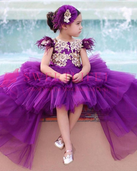 New Purple Gilrs Pageant Dresses Cape Sleeve Feather Hi Low Ruffles Tiered Skirts Tulle Flower Girls Dresses Custom Made Hot Sale