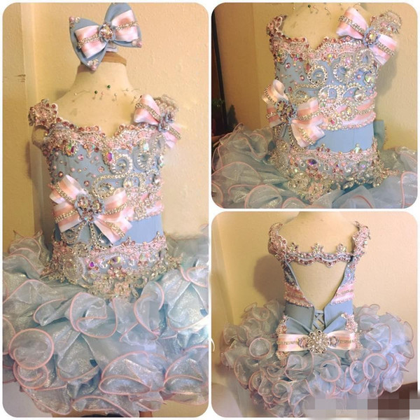 Light blue and Pink Girls Pageant Gown Cupcake Organza Beaded Backless Little Flower Girls Dresses Pageant Party Gowns