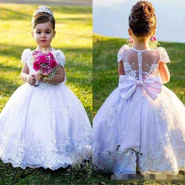 .Puffy White Lace Girls Pageant Dress Princess Sash Bow First Communion Dress Gown Kids Party Formal Wear Flower Girls Dresses for Wedding