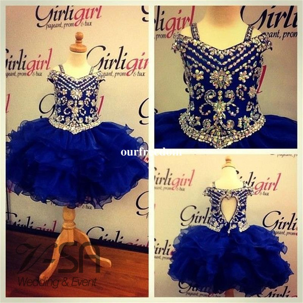 Real Image Royal Blue Girls Pageant Dresses Sparkly Beaded Crystal Off The Shoulder Backless For Flower Girls Dresses Custom Made