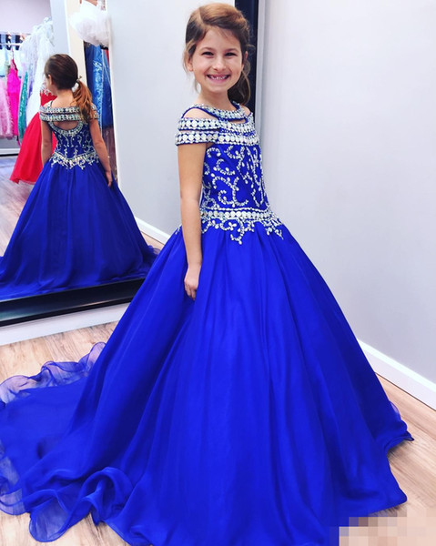 Royal Blue Girls Pageant Dresses Crystals Beaded Cap Sleeves Backless Princess Ball Gown Kids Formal Wears Flower Girl Dress
