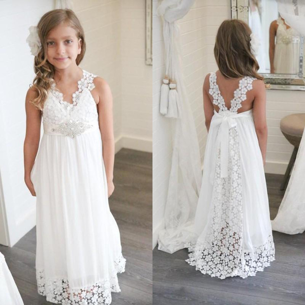 New Arrival Boho Flower Girl Dresses For Weddings Cheap V Neck Chiffon Lace Formal Beach Wedding Dress Custom Made