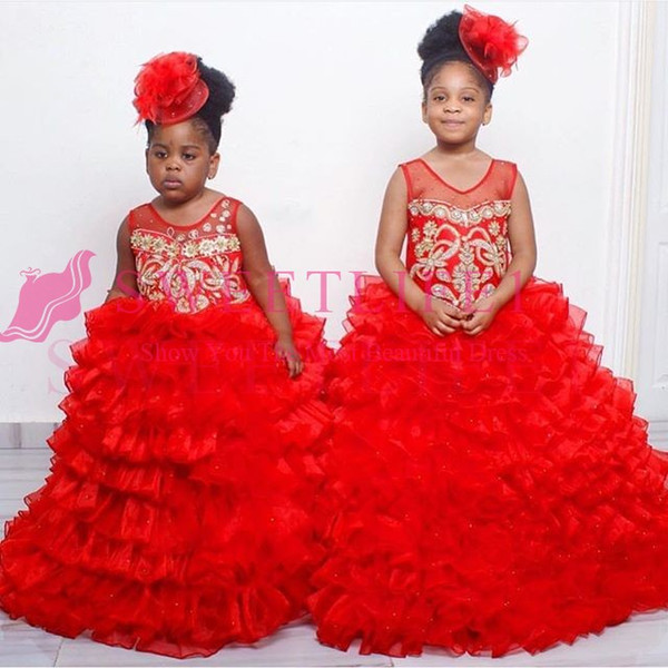 Lovely Red Crystal Girls Pageant Dresses Jewel Neck Ruched Tiered Skirts Flower Girls Dresses Princess Ball Gown First Communion Dress