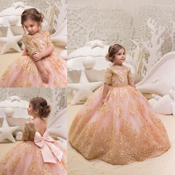 Elegant Princess Ball Gown Girls Pageant Dresses Jewel Neck Gold Appliques Long Sleeve Back Bow Flower Girls Dresses Girls Birthday