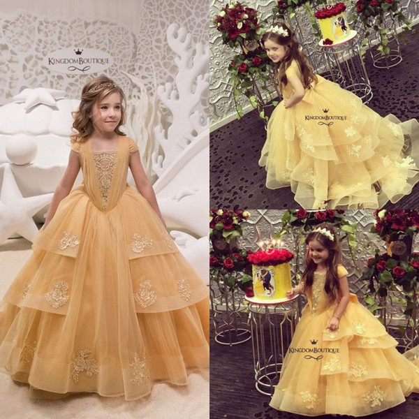 Cute Light Yellow Strapless Girls Pageant Dresses Tiered Skirts Appliques Back Bow Flower Girls Dresses Birthday Party Gown Custom Made