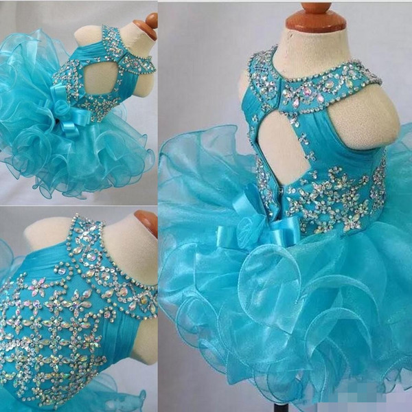 Toddler Pageant Dresses Blue Organza Cupcake Kids Prom Gowns Crystal Beaded Open Back With Bow Formal Little Girls Birthday Party Dress