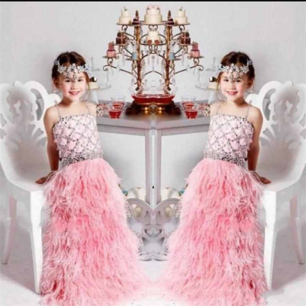 Luxury Feather Pink Flower Girls Dresses Spaghetti Beaded Crystal Cute Kids Party Gown Girls Pageant Gowns Custom Made