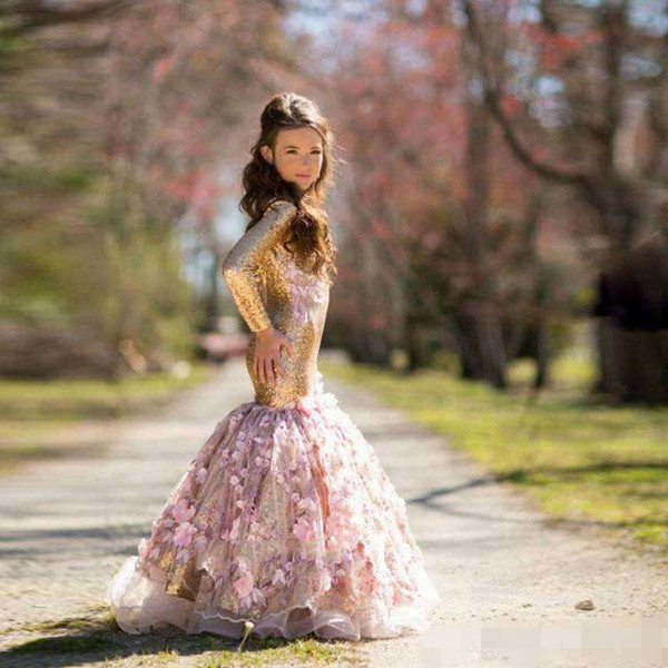 newest Gold Shinny Girl's Pageant Hand Made Flower Long Sleeve Mermaid Dresses Sequins Applique Flower Girl Dresses