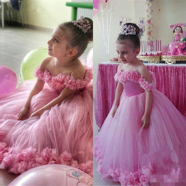 Pink 3D Floral Ball Gown Flower Girls Dresses Off Shoulder Puffy Toddler Pageant Dress Wedding Little Baby Gowns for Communion