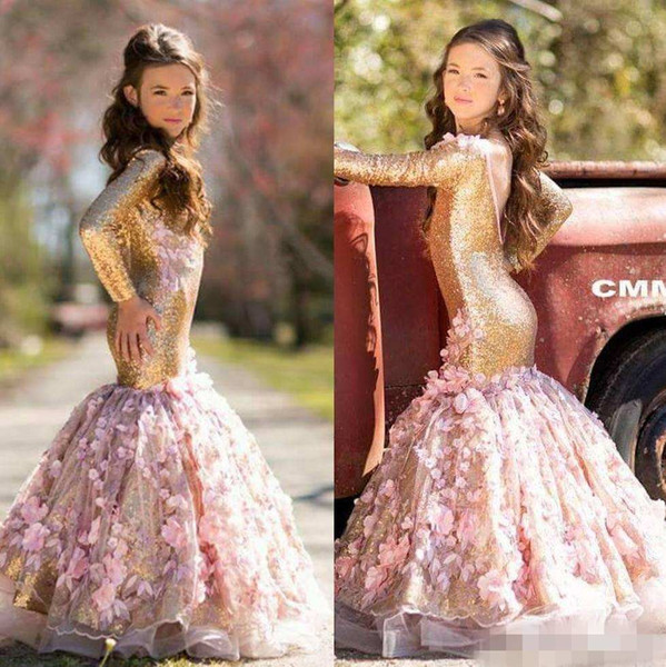 Newest Gold Shinny Girl's Pageant Dresses Handmade Flower Long Sleeve Dresses 3D Floral Applique Sexy Backless Sequins Girl Dresses