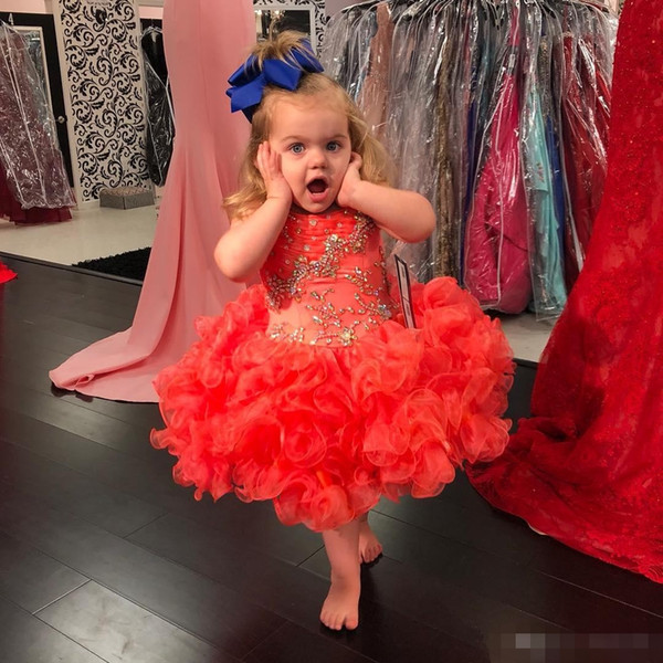 Lovely Coral Little Girls Cupcake Pageant Dresses Beaded Crystals Ruched Ruffles Tutu Skirts Kids Formal Gowns Flower Girl Dresses