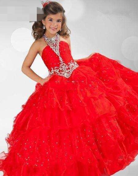 Cute Red Multi Layered Little Girl Party Ball Gowns Halter Beaded Pageant Dresses halloween costumes Kids Formal Wear