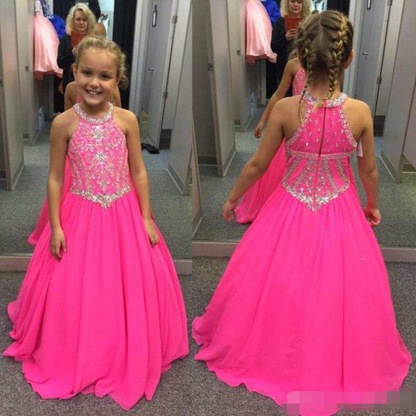 Lovely Fuchsia Beaded Crystals Girls Pageant Dresses A Line Halter Neck Kids Celebrity Evening Prom Party Gowns Custom Made