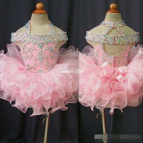 Toddler Pageant Dresses Pink Organza Cupcake Kids Prom Gowns Crystal Beaded Open Back With Bow Formal Little Girls Birthday Party Dress