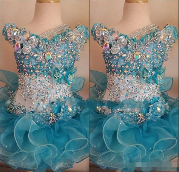 Cupcake Pageant Dresses for Little Girls Baby Beaded Organza Cute Kids Short Prom Gowns Infant Light Blue Crystal Birthday Party Skirt