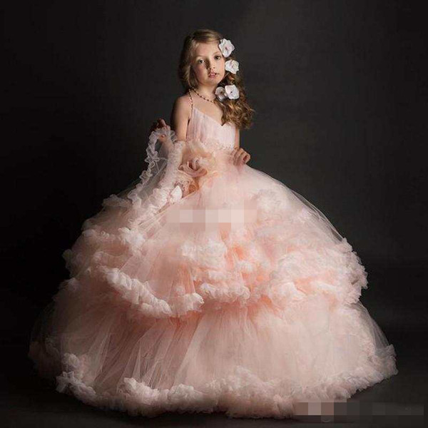 Lovely Blush Pink Ball Gown Flower Girl Dresses for Vintage Wedding Spaghetti Ruffles Tutu 2016 Cheap Girls Pageant Dresses Kids Party Gown