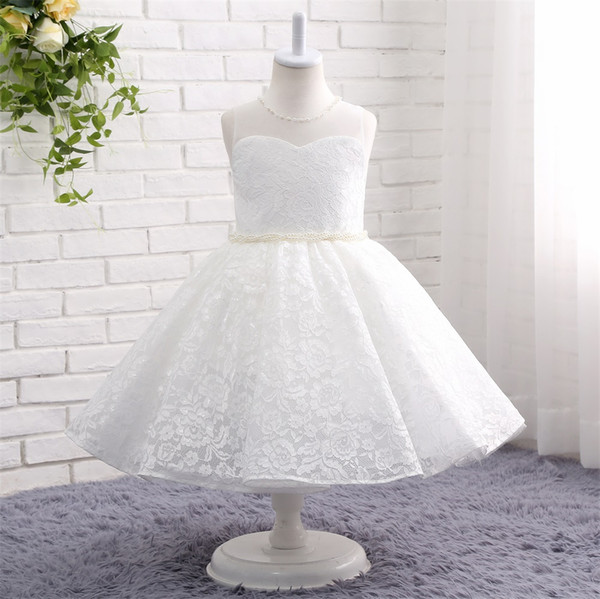 tea length white Ball Gown lace Flower Girl Dresses for wedding pearls wasit jewel neck Glitz Infant Toddler Baby Kids Frock Design