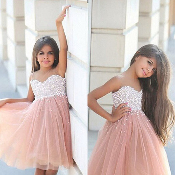 Sweetheart A-Line Flower Girl Dresses with Pearls Tulle Knee Length Girls Pageant Dress First Communion Dresses Children Gowns