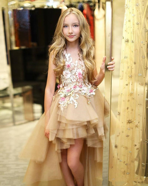 Lovely New Little Girls Pageant Dresses For Juniors Teens Champagne Flower Girl Dresses Appliqued Tulle Sweet Brithday Party Dress