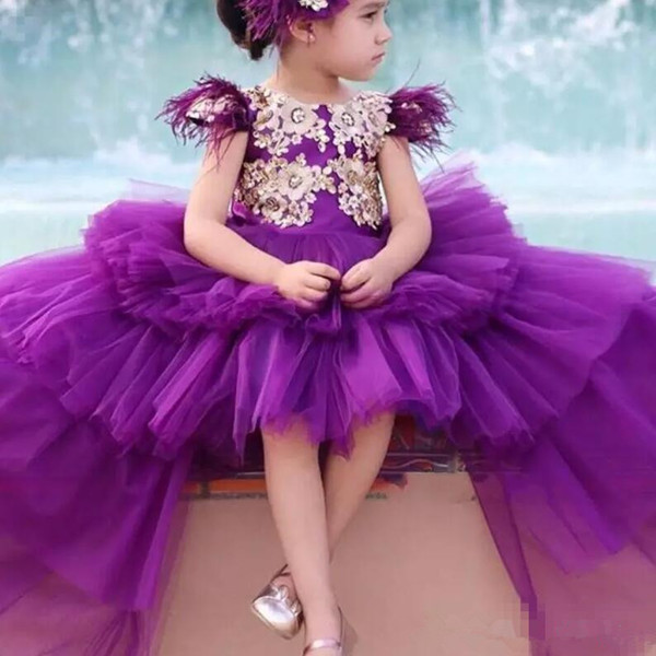 High Low girls pageant dresses Cap Sleeves Feather Beads Appliques Tulle Tiered Flower Girls Dress Back With Bow Kids Birthday Dress