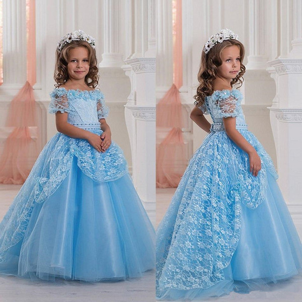 baby Blue Off Shoulders Cute Baby Girl's Pageant Dresses bateau neck Flower Lace Ball Gown Princess First Communion Flower Girl Dress