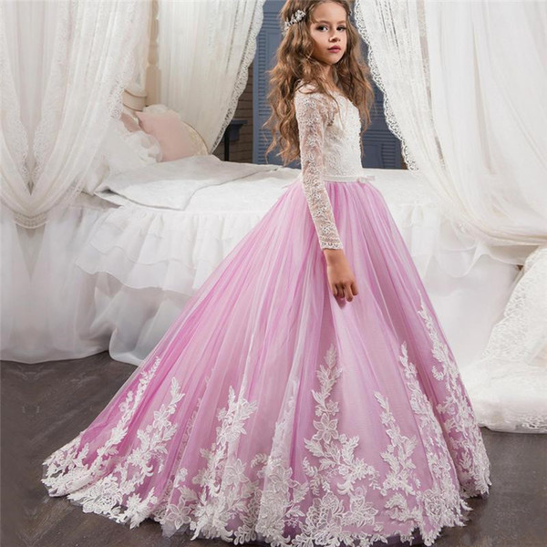 Charming Girls Pageant Dresses With Long Sleeves Sweep Train Appliques Tulle Flower Little Girls Gowns