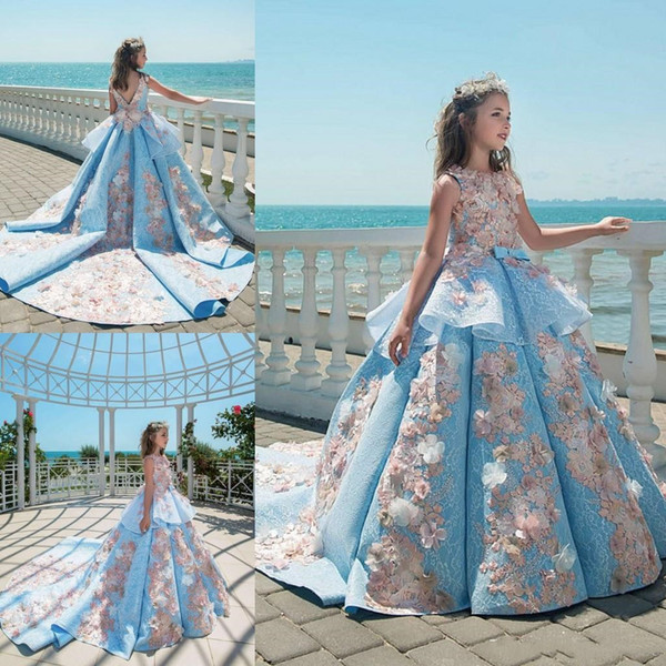 Blue Lace Appliques Girls Pageant Dresses Ball Gown Children Birthday Holiday Party Teenage Princess Jewel V-back Court Train