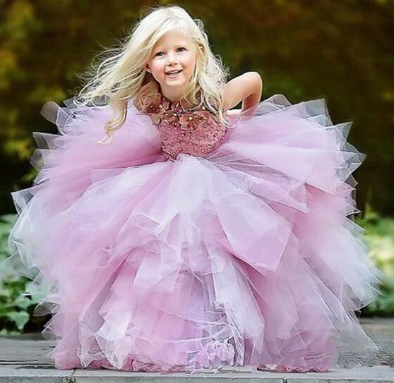 Pink Appliques Sleeveless Bling Sparkling Beading Ball Gown for Weddings Floor Length Flower Girl Dress Girls Pageant Dress