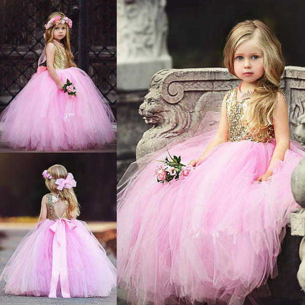 New Puffy Pink Tulle Little Girls Pageant Dresses Top Gold Sequin Floor Length Flower Girl Dress Bow Sash Formal Kids Ball Gowns