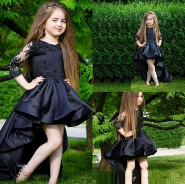 New Black Long Sleeve Girls Pageant Dresses With Hi Lo Lace appliqued Satin Flower Girl Dresses Floor Length Child Party Birthday