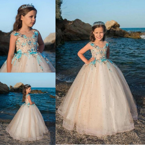 Newest Princess Sleeveless Ball Gown Girls Pageant Dress Embroidery Tulle Crystal Cap Sleeves Beauty Flower Girl Dresses