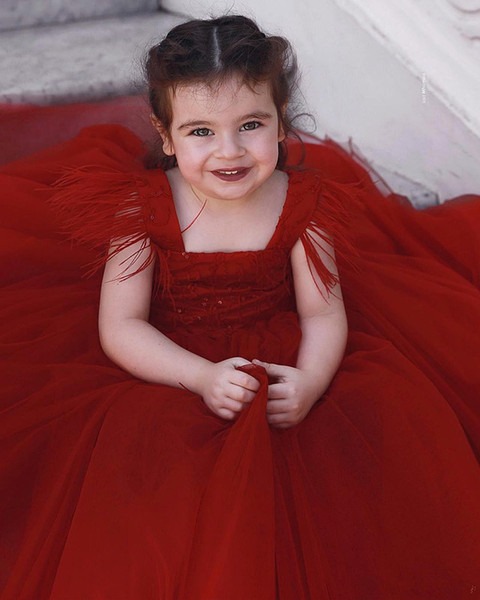 New Lovely Dark Red Tassel Flower Girl Dresses Princess Ball Gown Toddler Kids Birthday Party Dress Formal Pageant Wear