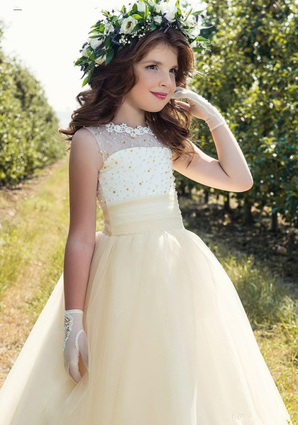 New Girls Pageant Dresses Children Spaghetti Straps Handmade Flowers Flower Girls Dresses For Weddings Lace Tulle First Communion Gowns