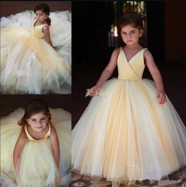 New Arrival Princess Yellow Ball Gown Little Girls Pageant Dresses V Neck Floor Length Puffy Flower Girl Dress Child Birthday Party Gowns